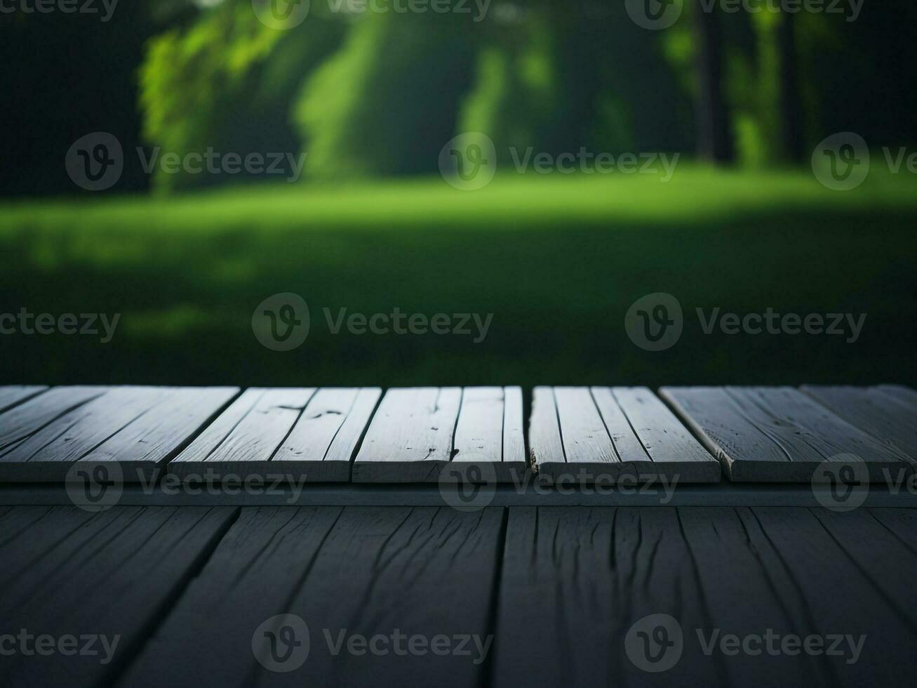Wooden table and blur tropical green grass background, product display montage. High quality photo 8k FHD AI generated