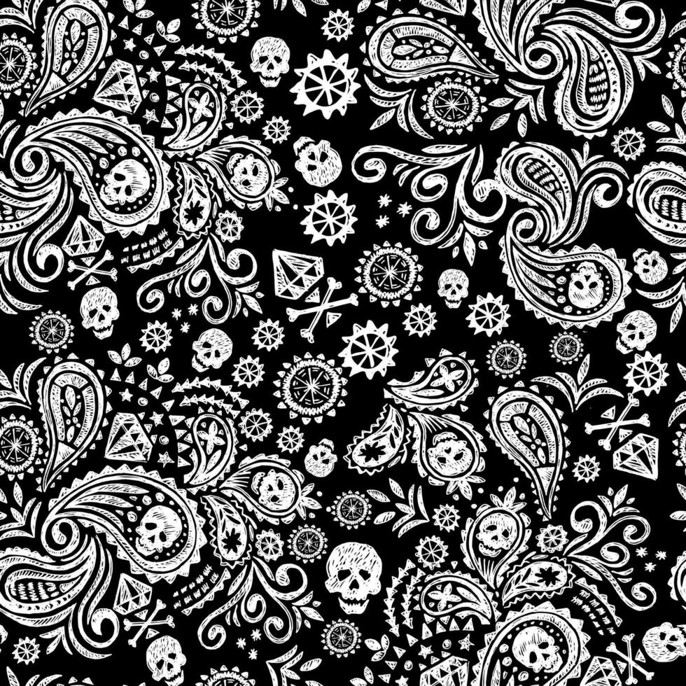 Vector illustration of pattern with diamond skulls in draft style.