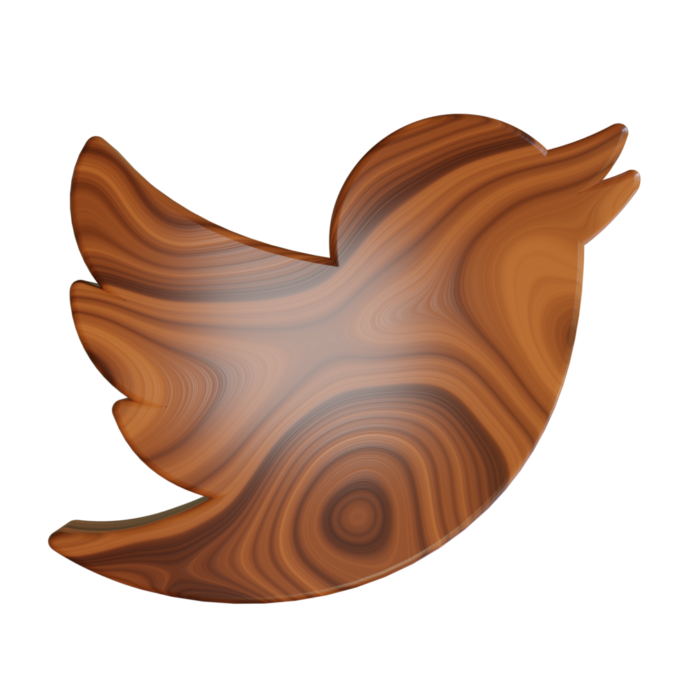 Twitter 3d render logo icon with wood texture isolated on transparent background. png