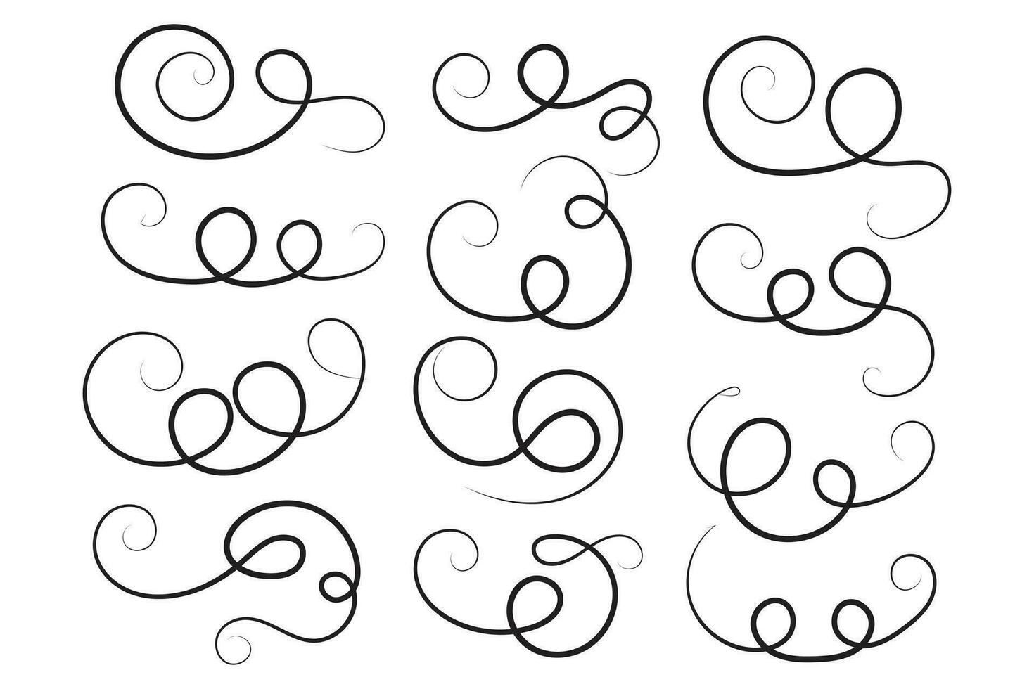 Vintage Filigree Swirls, calligraphy decorative scroll, Fancy Line Flourishes Swirls Elements, vintage curly thin line Text Ornaments, curls text divider flourish Swirl, calligraphic curl lines vector