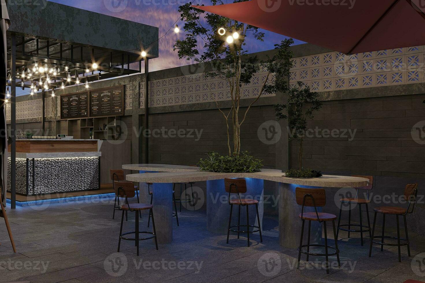 Simple Art, Reachable Furnishings and Natural Touches Interior For Rooftop Coffee and Tea Place 3D rendering photo