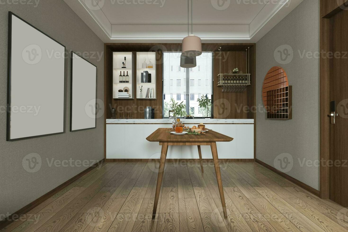 Wooden architectural overview of a home decoration in a minimalist way 3D rendering photo