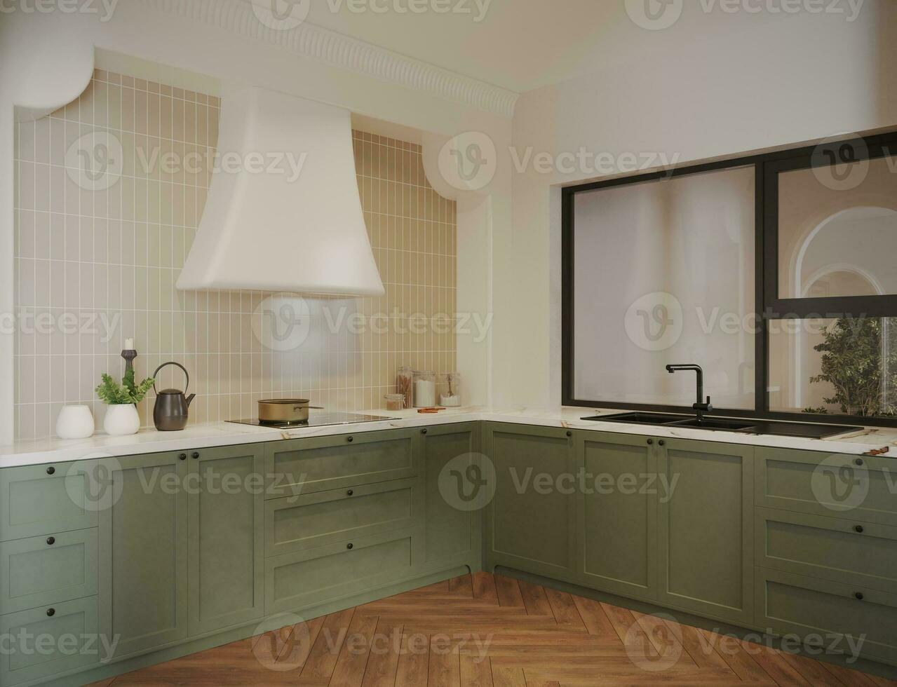 abierto cocina ideas con con tema desarrollado mueble visión de conjunto 3d  representación 30815613 Foto de stock en Vecteezy