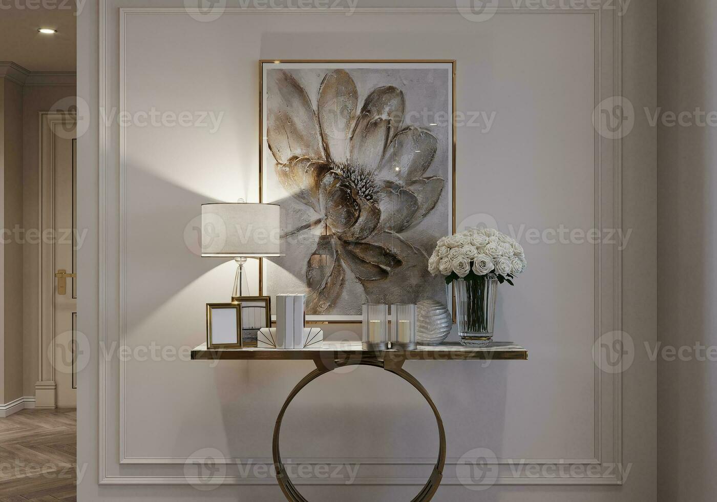 Outstanding Wall Decoration Idea Allocated with Floral Painting, Flower, Lamp, table 3D rendering photo