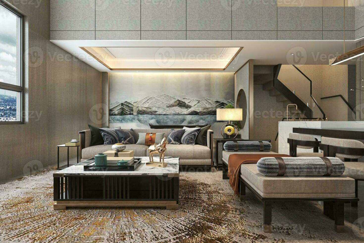 Colorful Expression Create Into Your Living With Wall Painting, Cozy and Classic Couch, Texture Carpet 3D rendering photo