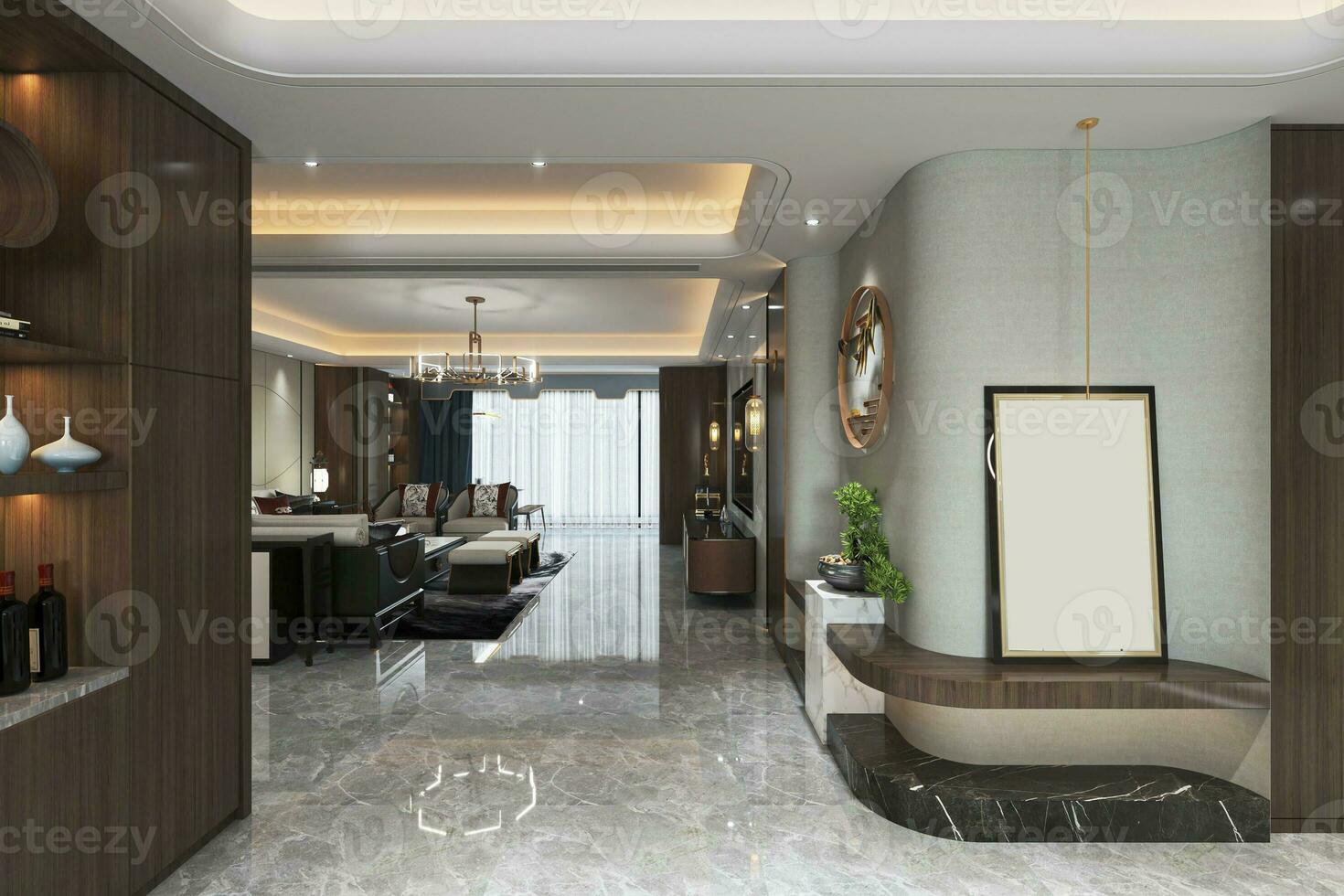 A view from entry space and living room attach decoration and interior design with wall art 3D rendering photo