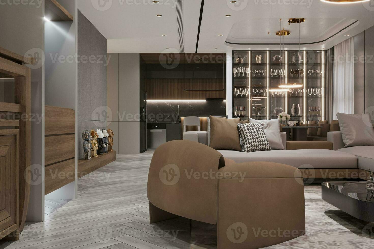 maravilloso vivo habitación interior diseño con completar mueble asignación inteligente hogar decoración elementos 3d representación foto