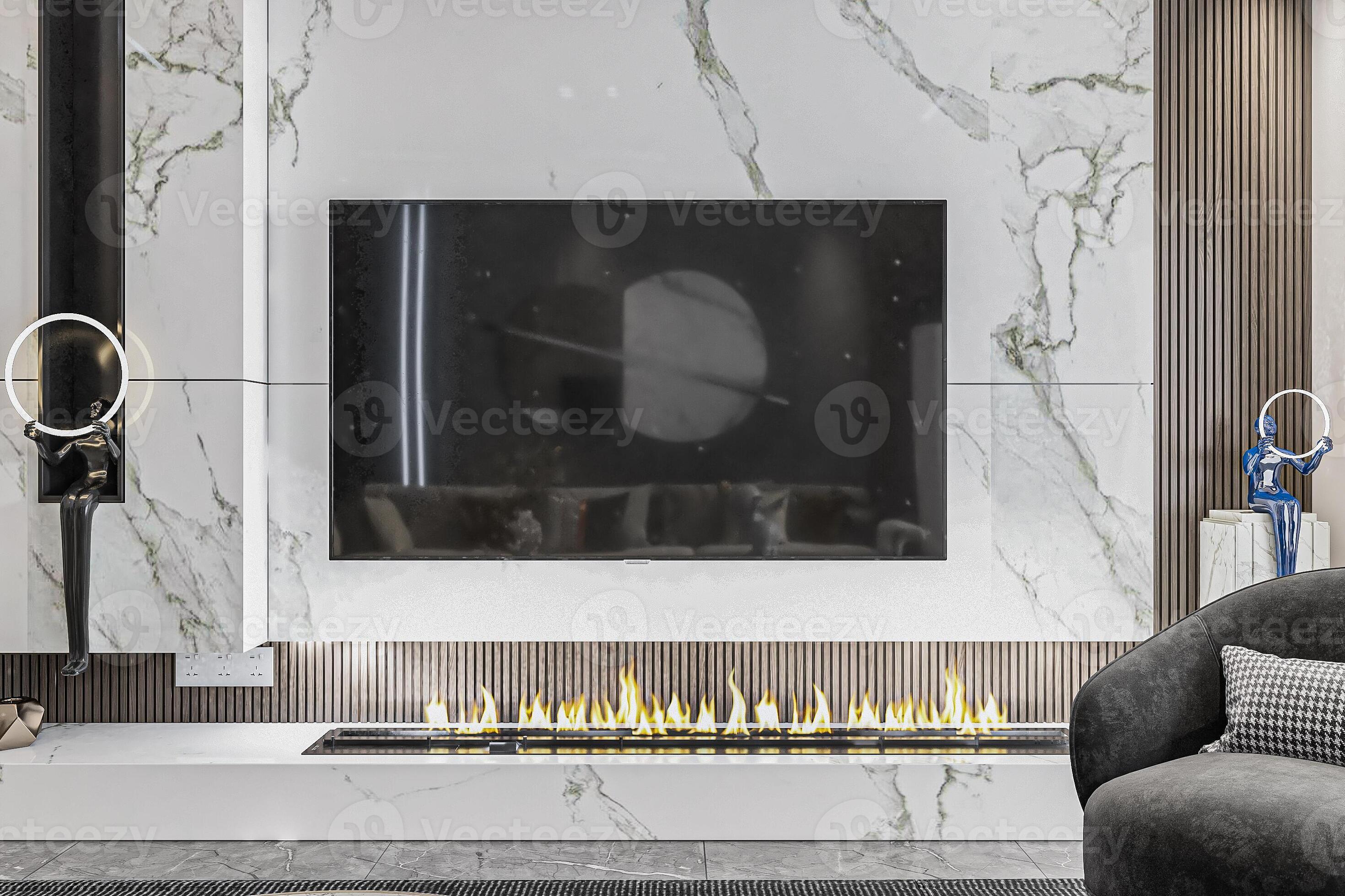 Fireplace interior design for a modern living room with White Marble