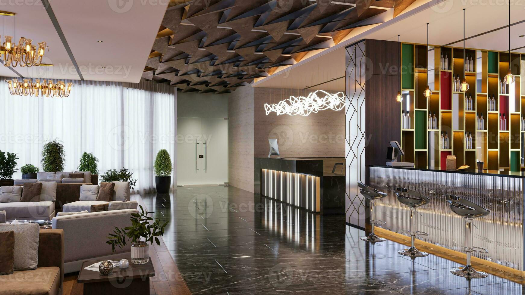 Hotel interior front desk design Minimalist Lobby Design for a Sleek Home  Architecture Look 3D rendering 30815979 Stock Photo at Vecteezy