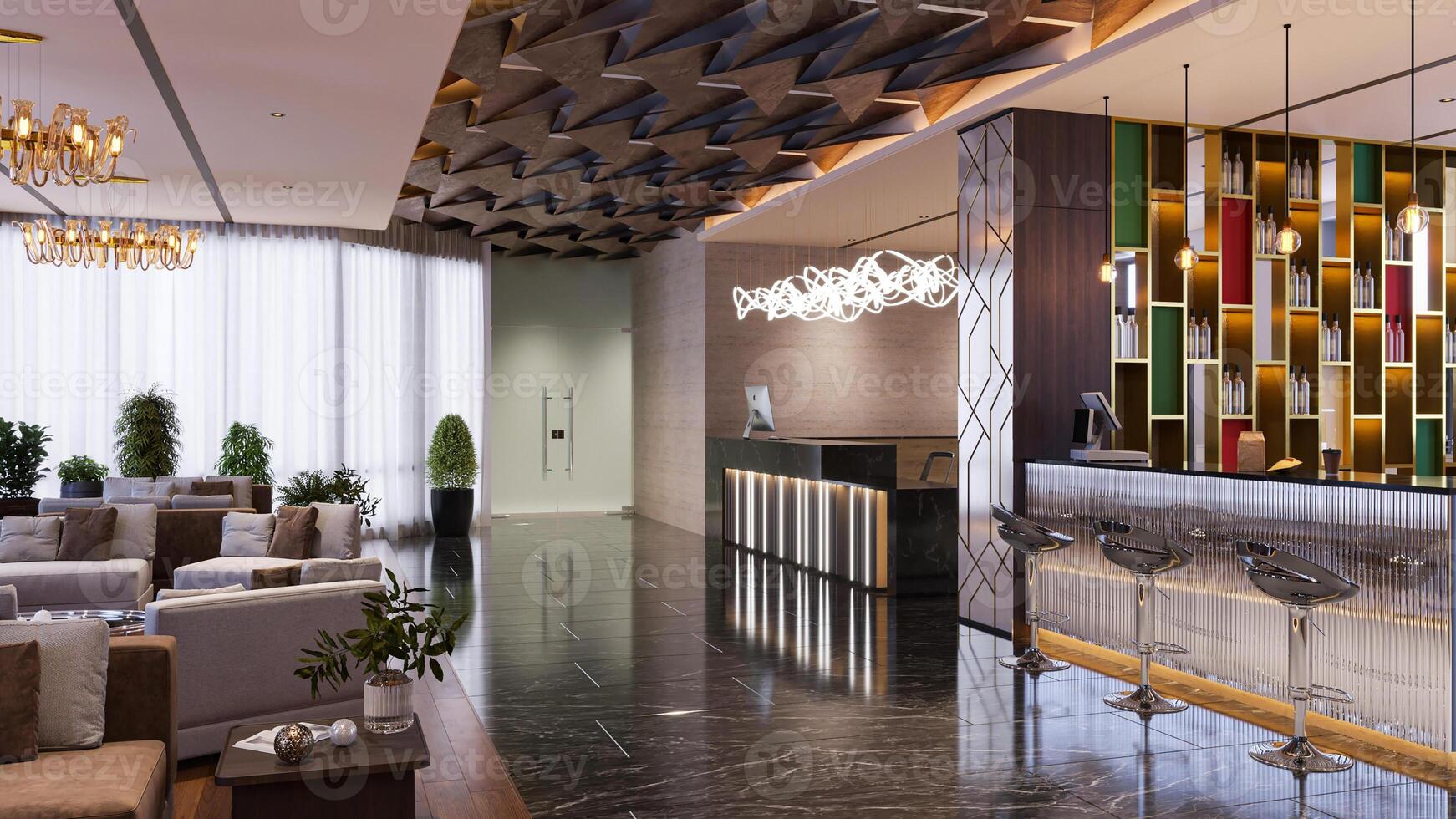 Hotel interior front desk design Minimalist Lobby Design for a Sleek