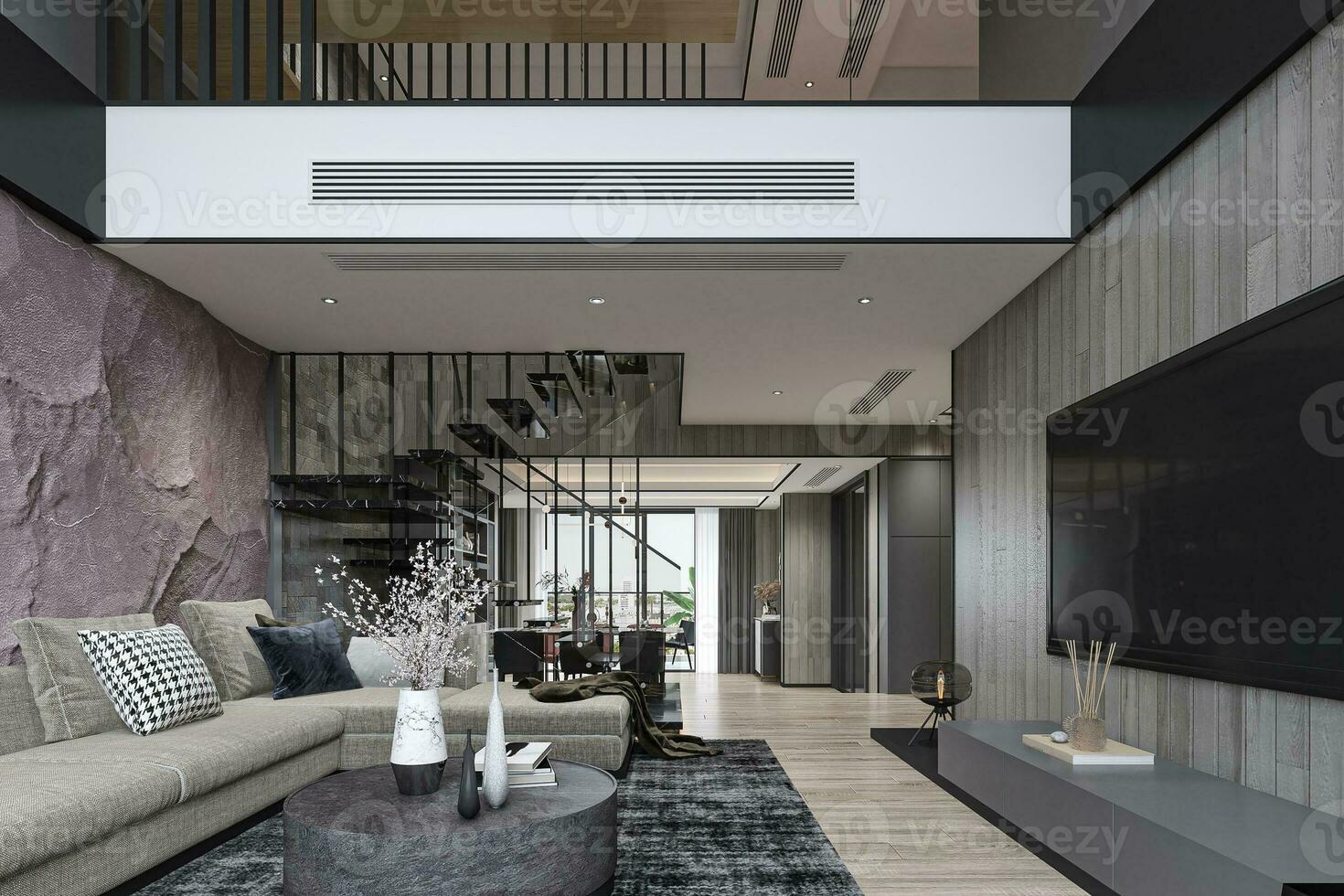 The Power of Contrast Industrial Style Living Room Interior in a Loft with 3D Render photo