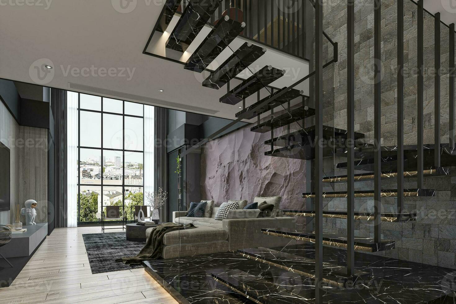 Incorporating Natural Elements Industrial Living Room Interior Design in a Loft with  3D rendering photo