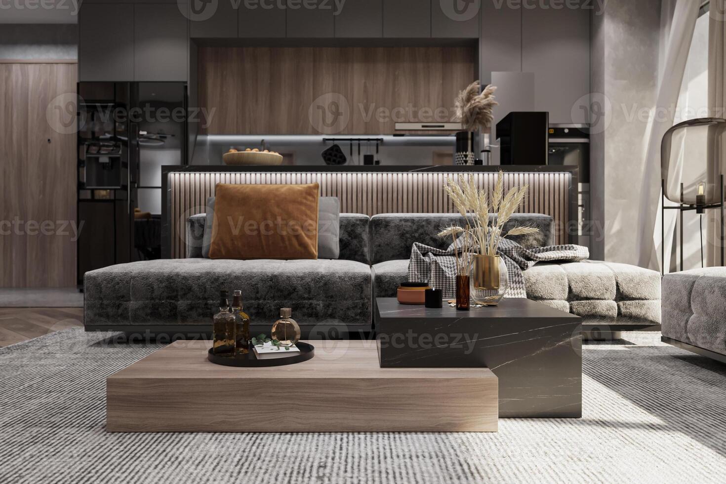Wooden Coffee Table In Front Of Blackish Modular Sofa Behind Open.