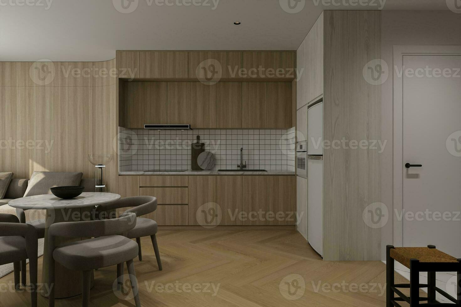 White and wooden decoration For walls and Floor, Efrotable Stuff in the studio house, 3D rendering photo