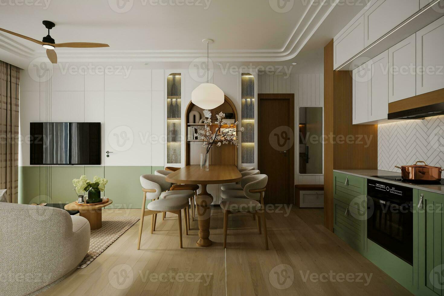 interior de minimalista abierto cocina con blanco y verde ava y de madera mueble siguiente a comida zona y vivo zona para un estudio Departamento 3d representación foto