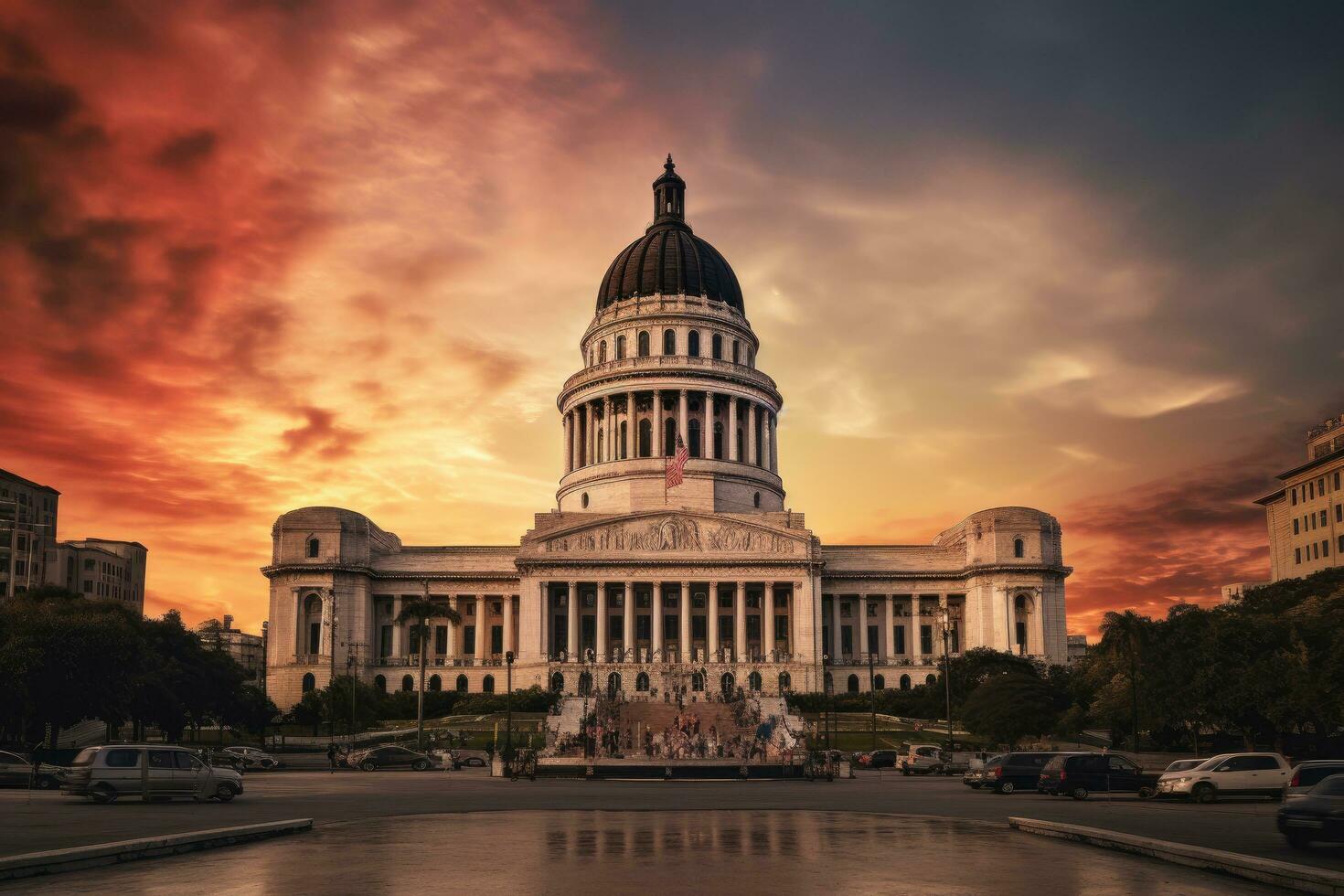 Capitol building in Washington DC, United States of America at sunset, Capitolio building in Havana Cuba, AI Generated photo