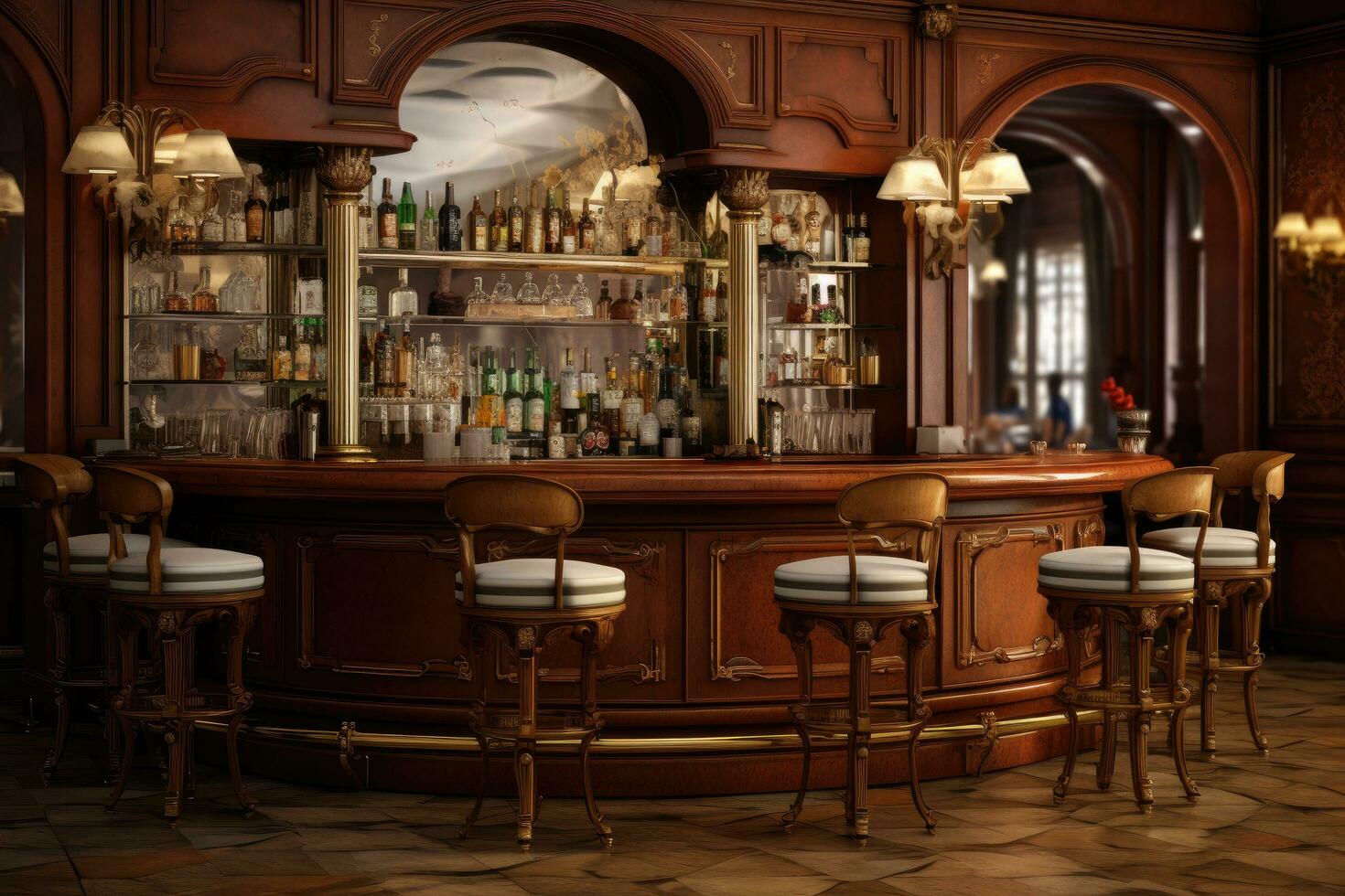 interior de un pub con bar mostrador y sillas. 3d prestar, clásico bar encimera, ai generado foto