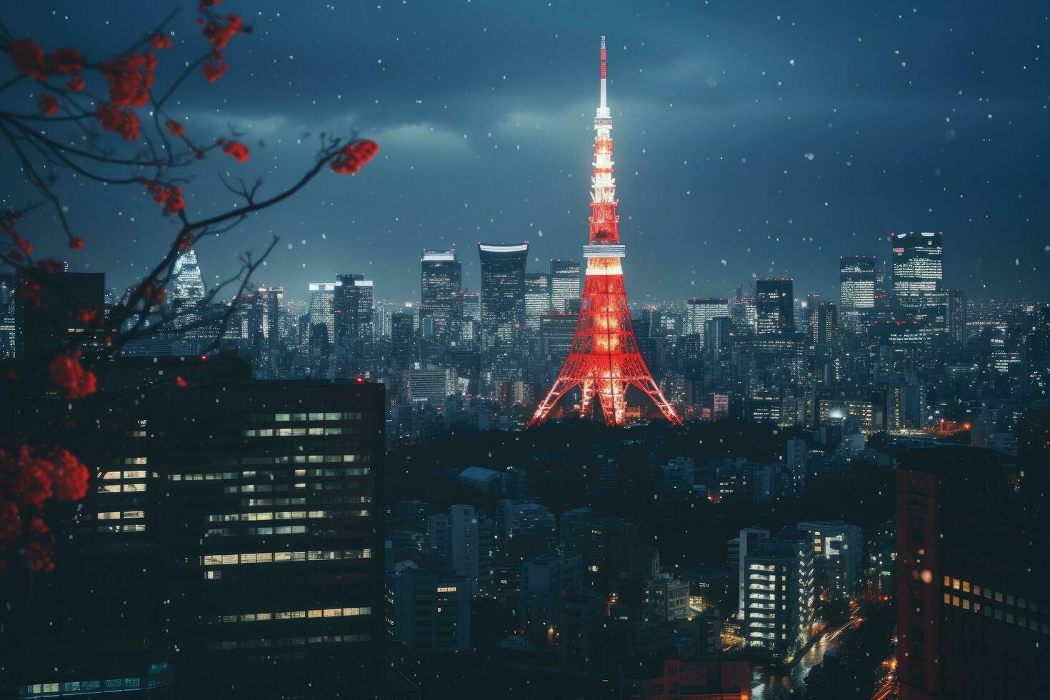 tokio torre y tokio paisaje urbano a noche con copos de nieve, ciudad ver con tokio torre, tokio, Japón, ai generado foto