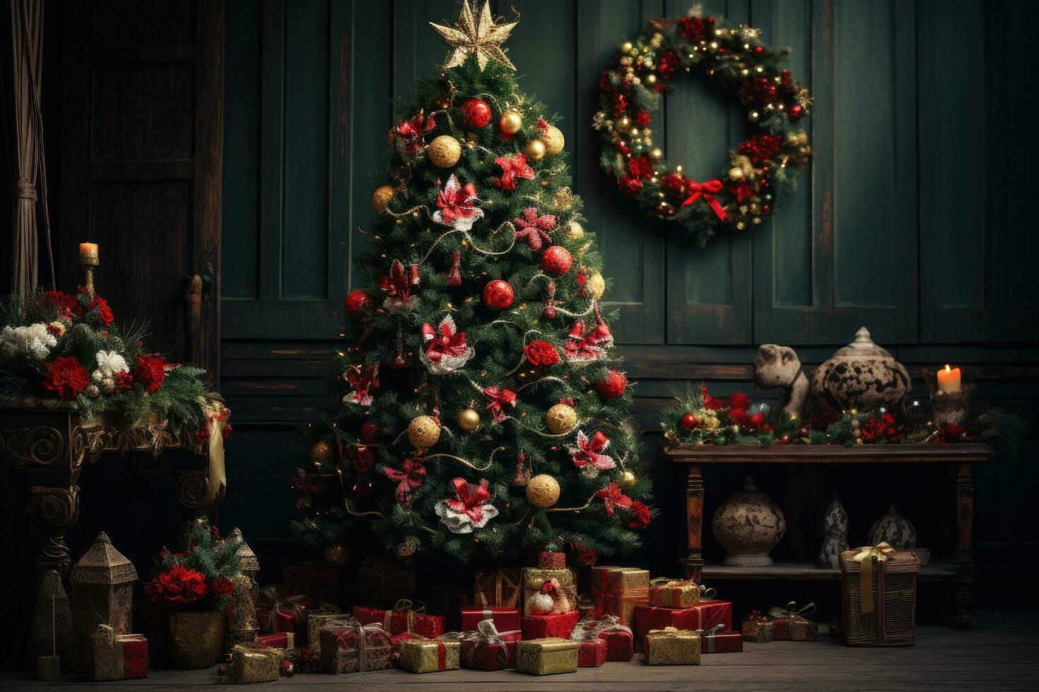 Beautiful Christmas tree with presents in the room. Vintage style, Christmas Tree with Decorations, AI Generated photo