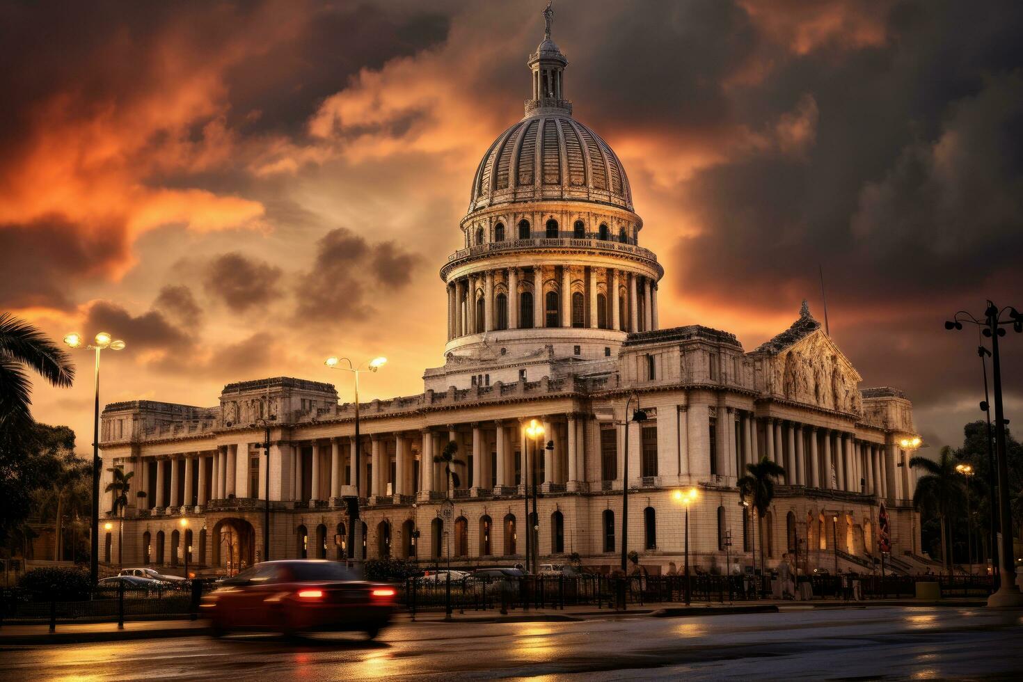 St. Paul's Cathedral in Havana, Cuba, at sunset, Capitolio building in Havana Cuba, AI Generated photo