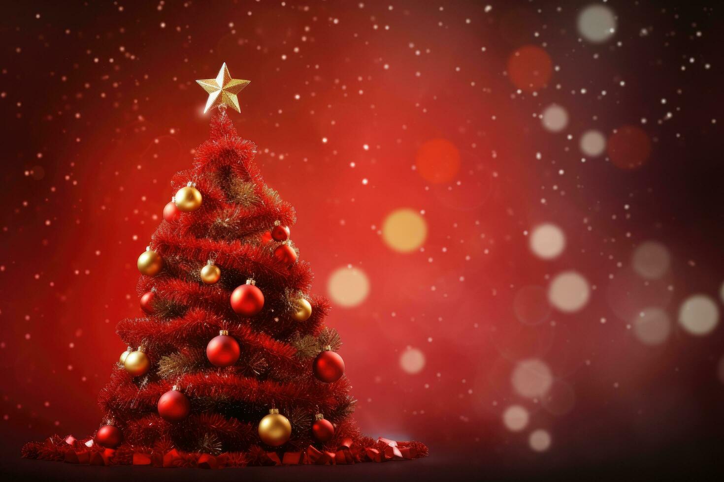 Christmas tree with red balls and golden star on bokeh background, Christmas Tree With Ornament And Bokeh Lights In Red Background, AI Generated photo