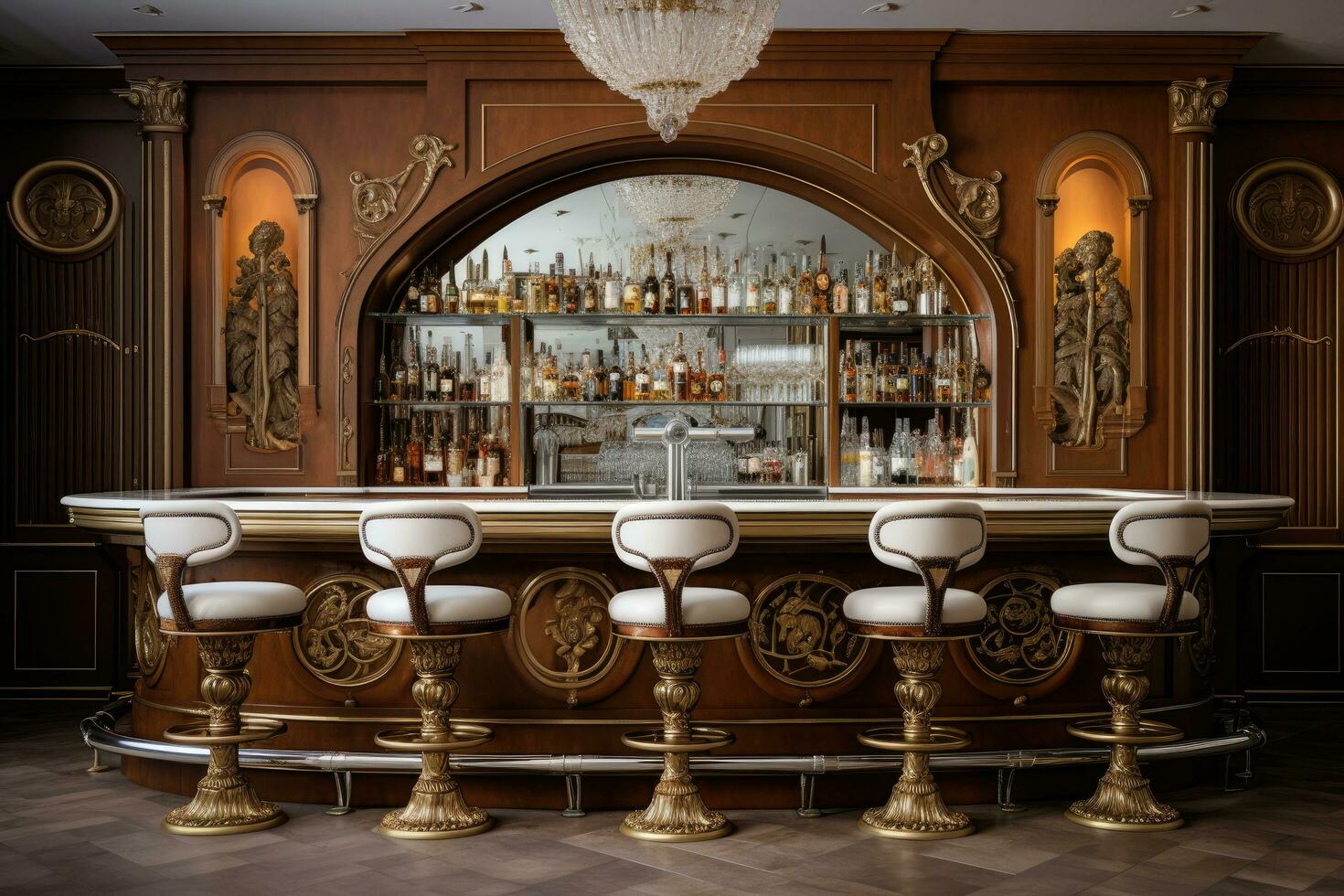 Luxury bar interior with bar counter and barman's chair, Classic bar counter, AI Generated photo