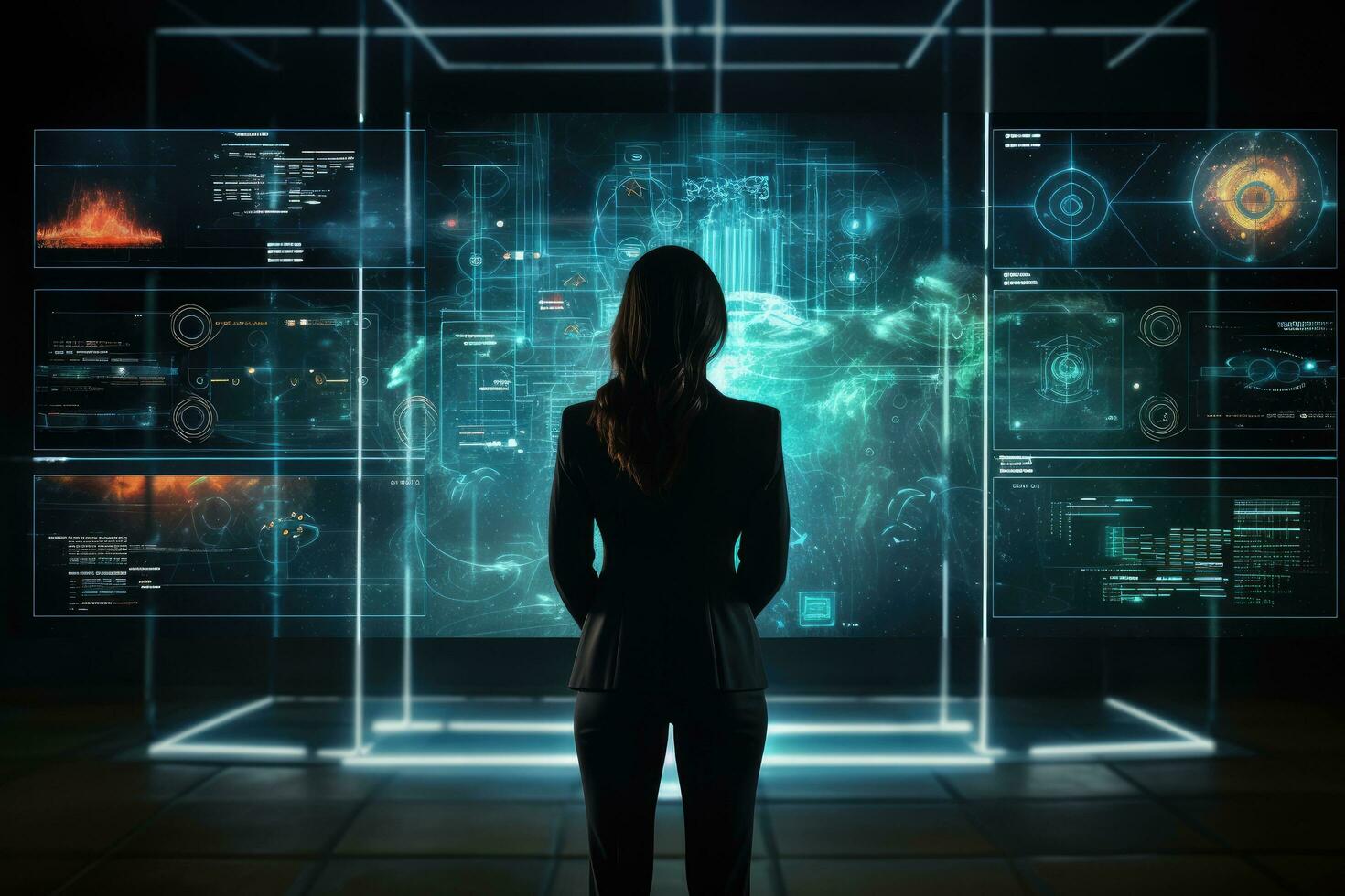 Rear view of businesswoman looking at hologram screen on dark background, Businesswoman standing in front of a digital big screen hologram showing business data, rear view, AI Generated photo