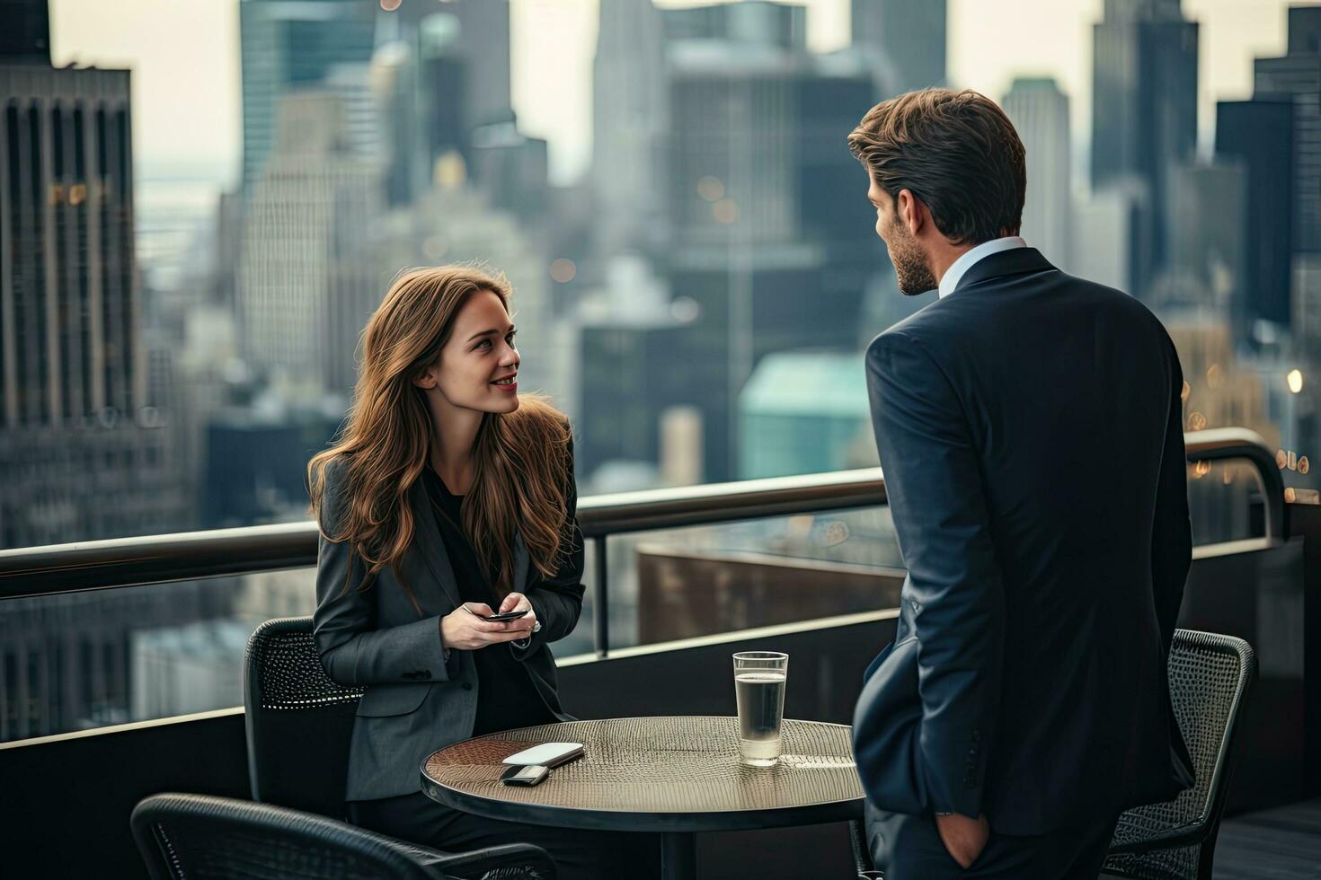 Businessman and businesswoman talking on a rooftop terrace with city view, Businesswoman discussing with businessman at rooftop, AI Generated photo