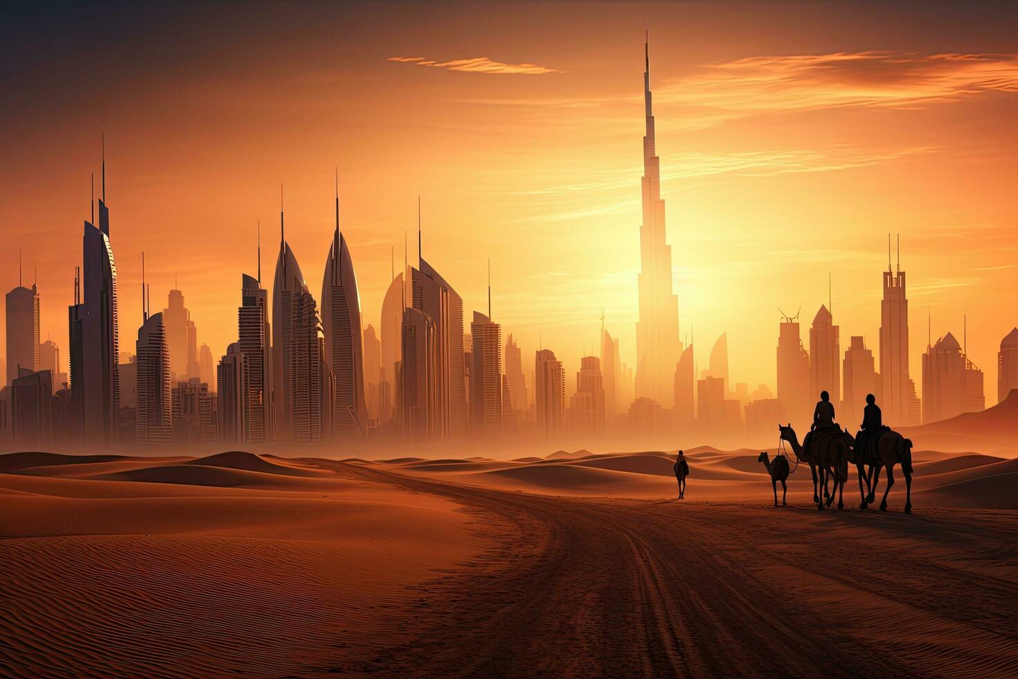 Silhouette of camel in the desert with Dubai city in the background, Camel caravan on sand dunes on Arabian desert with Dubai skyline at sunset, AI Generated photo