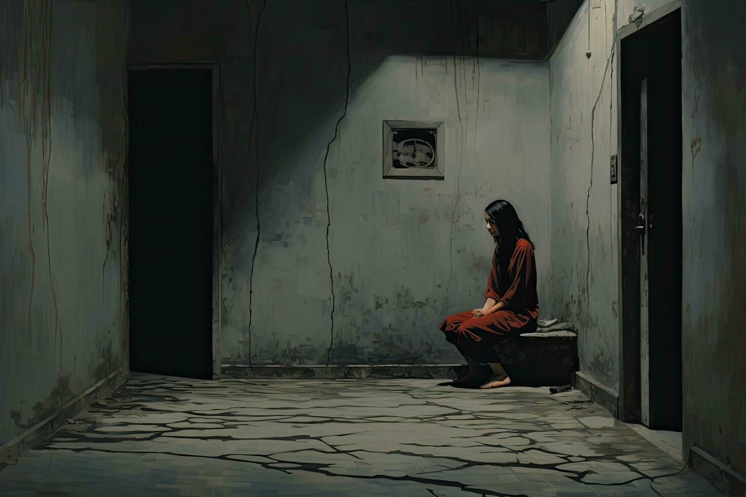 Horror scene of a young woman sitting in front of a wall, captures the profound desolation of a woman sitting in a corner of an unadorned room, AI Generated photo