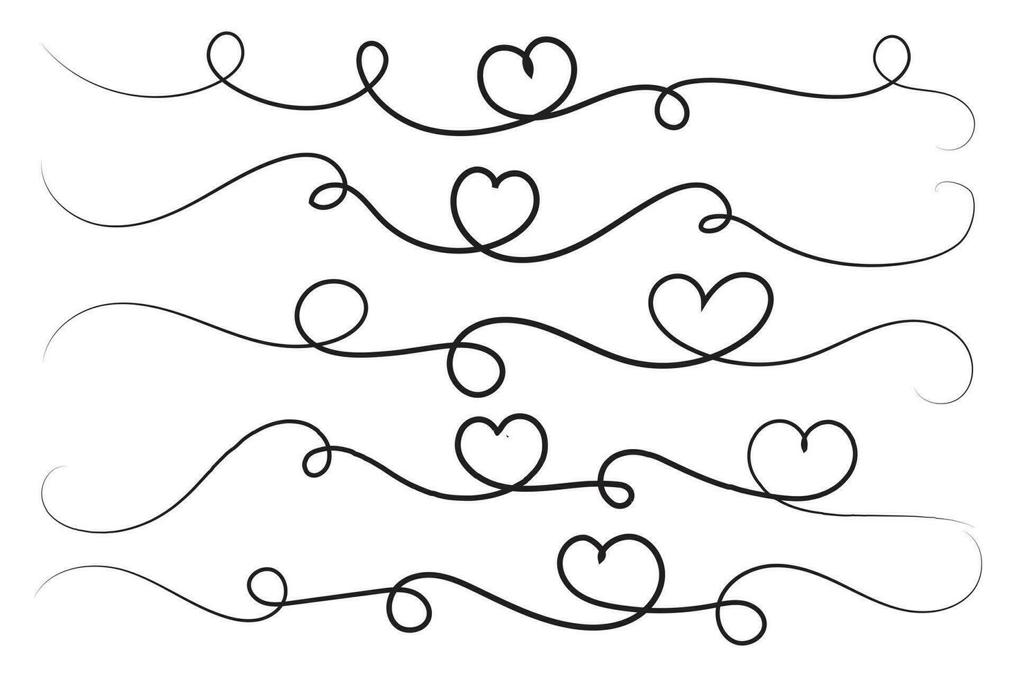Filigree curly Calligraphic Heart, Fancy Line Flourishes Swirls hearts, curve romantic love sign, Valentines Day divider flourish Swirl, Calligraphy Flourish lettering header hearts scroll vector