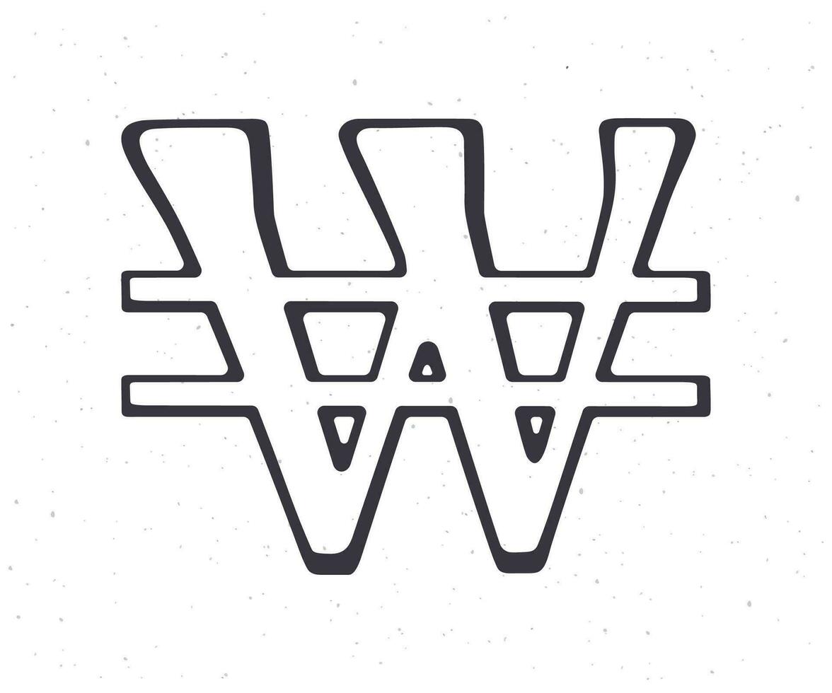 Hand drawn doodle of South and North Korean won sign. Outline vector illustration. The symbol of world currencies. Design element isolated on white background
