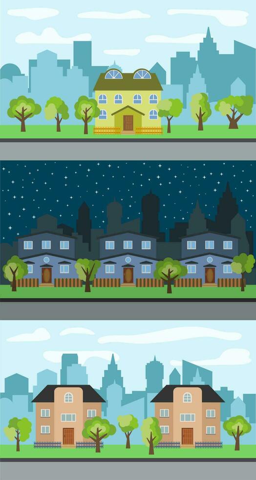 Set of three vector illustrations of city street with cartoon houses and trees. Summer urban landscape. Street view with cityscape on a background