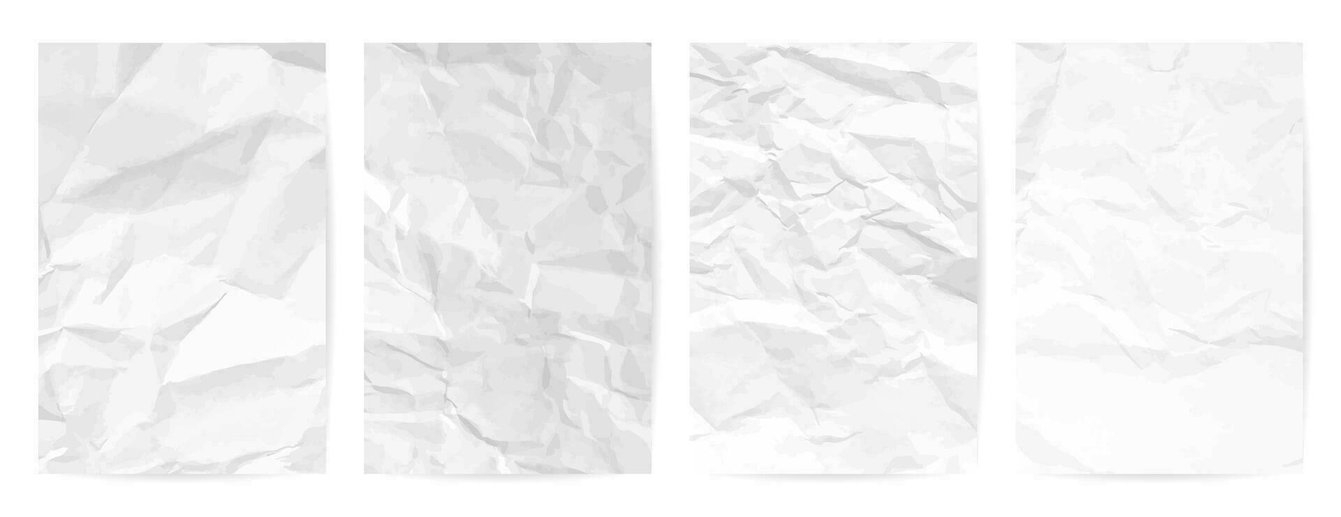 White clean crumpled paper background. Set of four vertical crumpled empty paper templates for posters and banners. Vector illustration