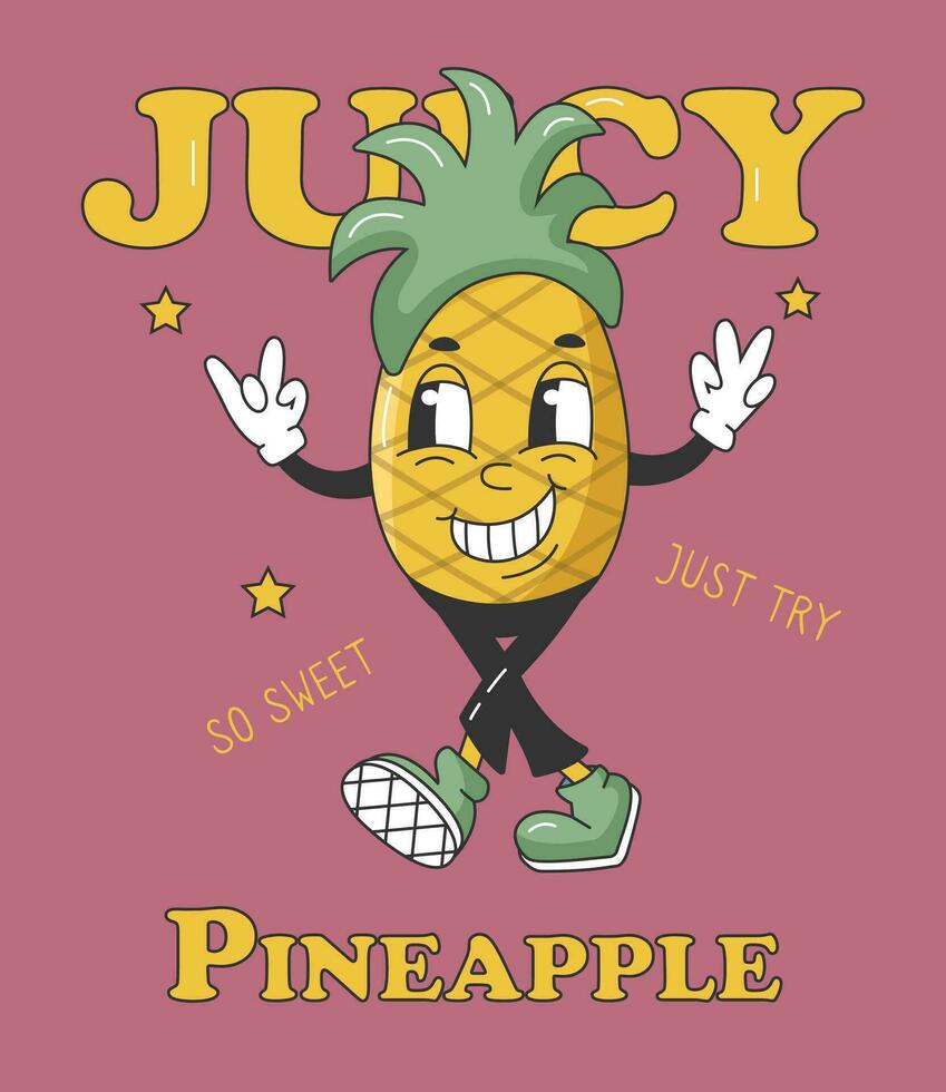 90s Fruit Funny Retro Groovy Cartoon Characters. Poster with Comic Character of Pineapple. Groovy Summer Vector Illustration. Sweet Juicy Fresh Fruit Banner.