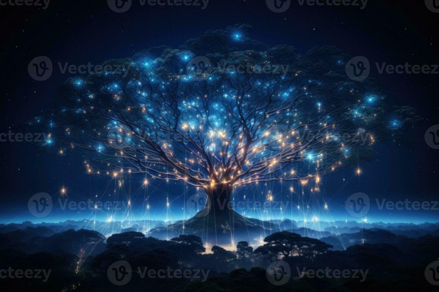 A tree shrouded in neural connections. Abstract image of future science. Artificial intelligence concept photo