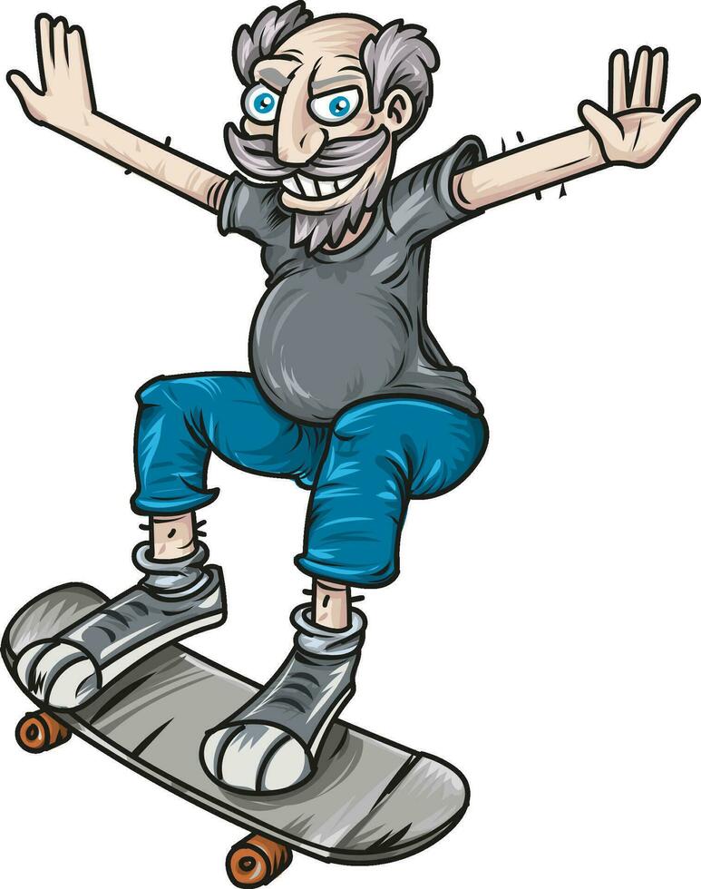 Crazy old grandfather skateboarding cartoon vector illustration