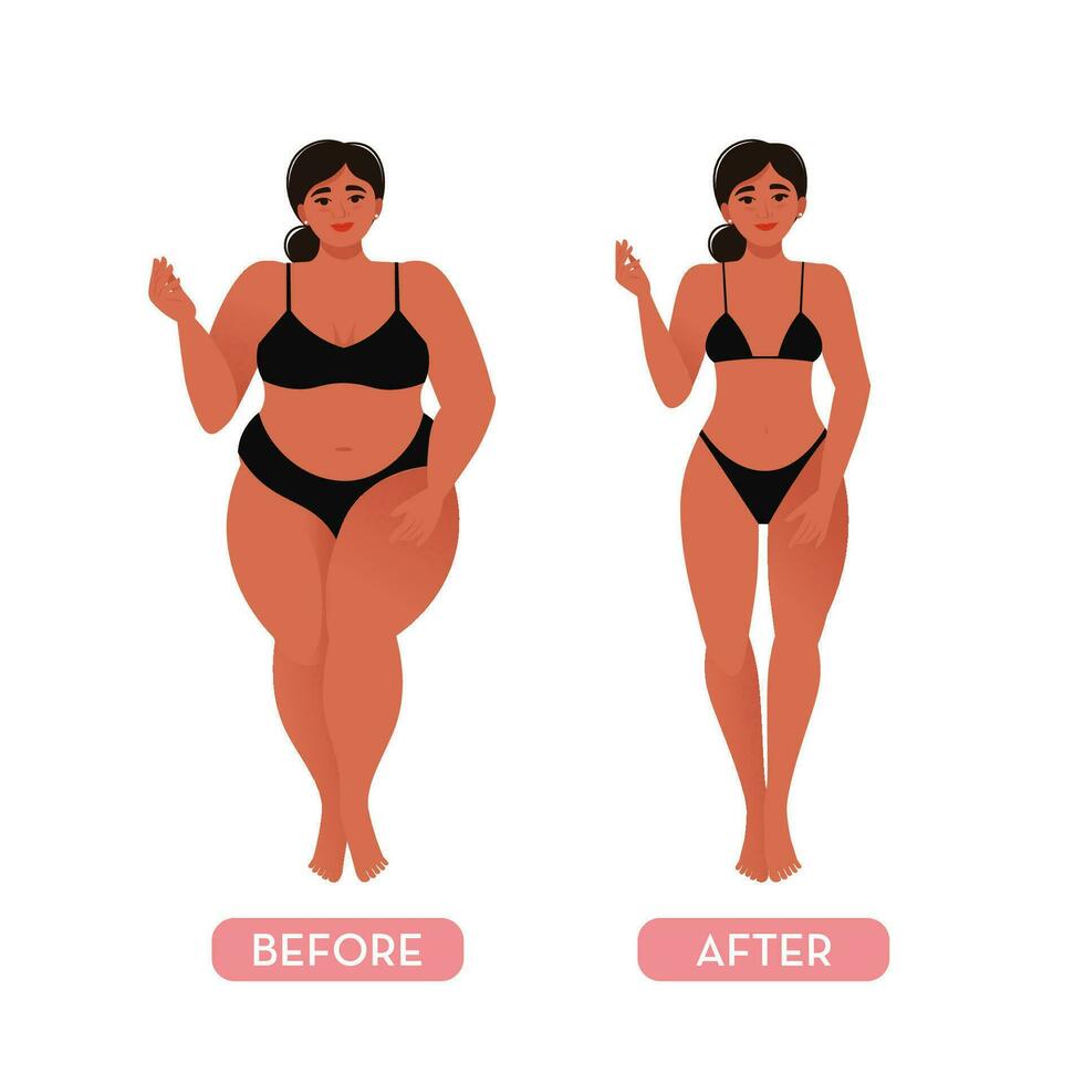 Woman before and after sport, diet. Fat and slim girl. Vector illustration in flat style