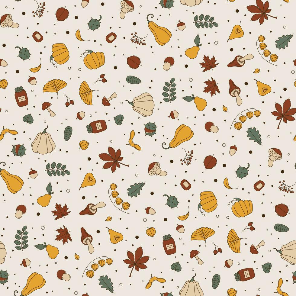Autumn seamless pattern with pumpkin, mushroom, leaves, etc elements in doodle style. Simple Vector illustration