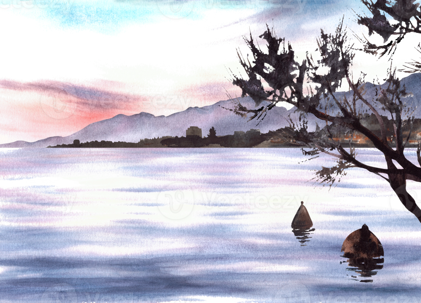Adriatic watercolor sunset landscape with silhouette of mountains, far shore, tree branch and sea buoys with reflection. Hand drawn illustration for your banner, flyer, brochure, postcard. png