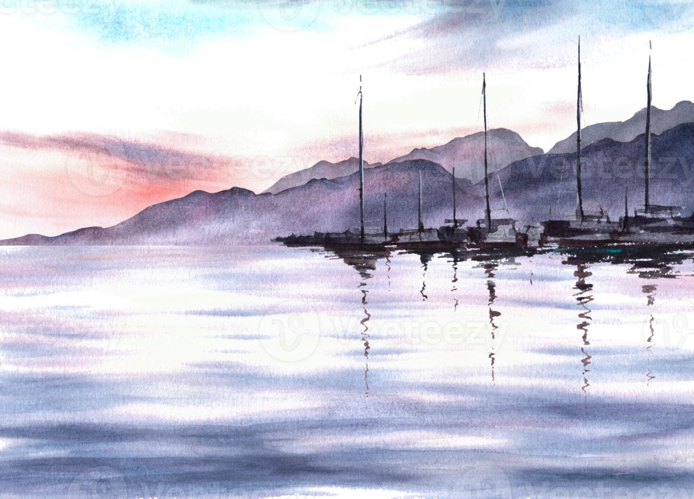 Adriatic sea watercolor landscape with sunset, silhouette of mountains, harbour, yachts, fishing boats and sea reflection. Hand drawn maritime illustration. Seascape for your banner, flyer, postcard png