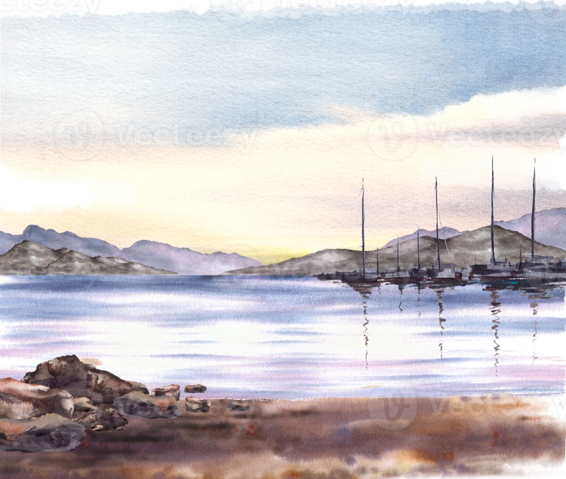 Nautical watercolor landscape. Seascape sunset with mountain silhouettes, harbour, yachts, fishing boats, coastal sandy beach with stones Hand drawn illustration for postcards print, poster, wallpaper png