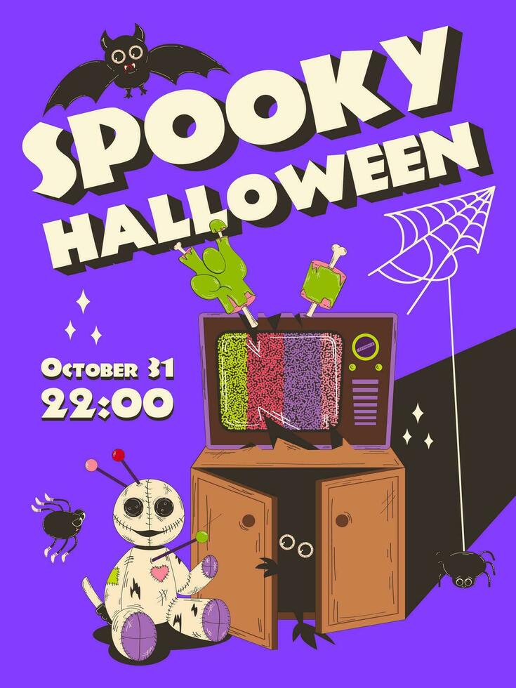 Poster, Halloween invitation. Fashionable retro groovy style, old broken TV and voodoo doll from the 70s-80s. Happy Halloween. Funny vector flyer, postcards.