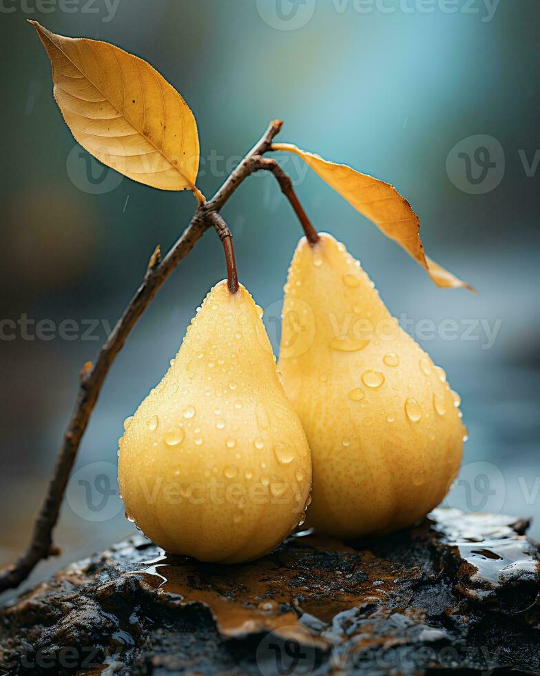 ai generative Sunny Serenity A Beautiful Yellow Pear Adorned with Water Droplets photo