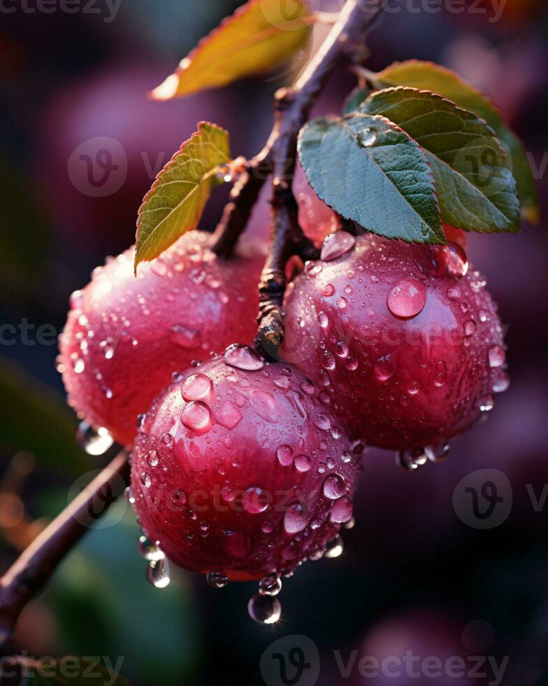 ai generative Fresh plum on a branch with water droplets close photo