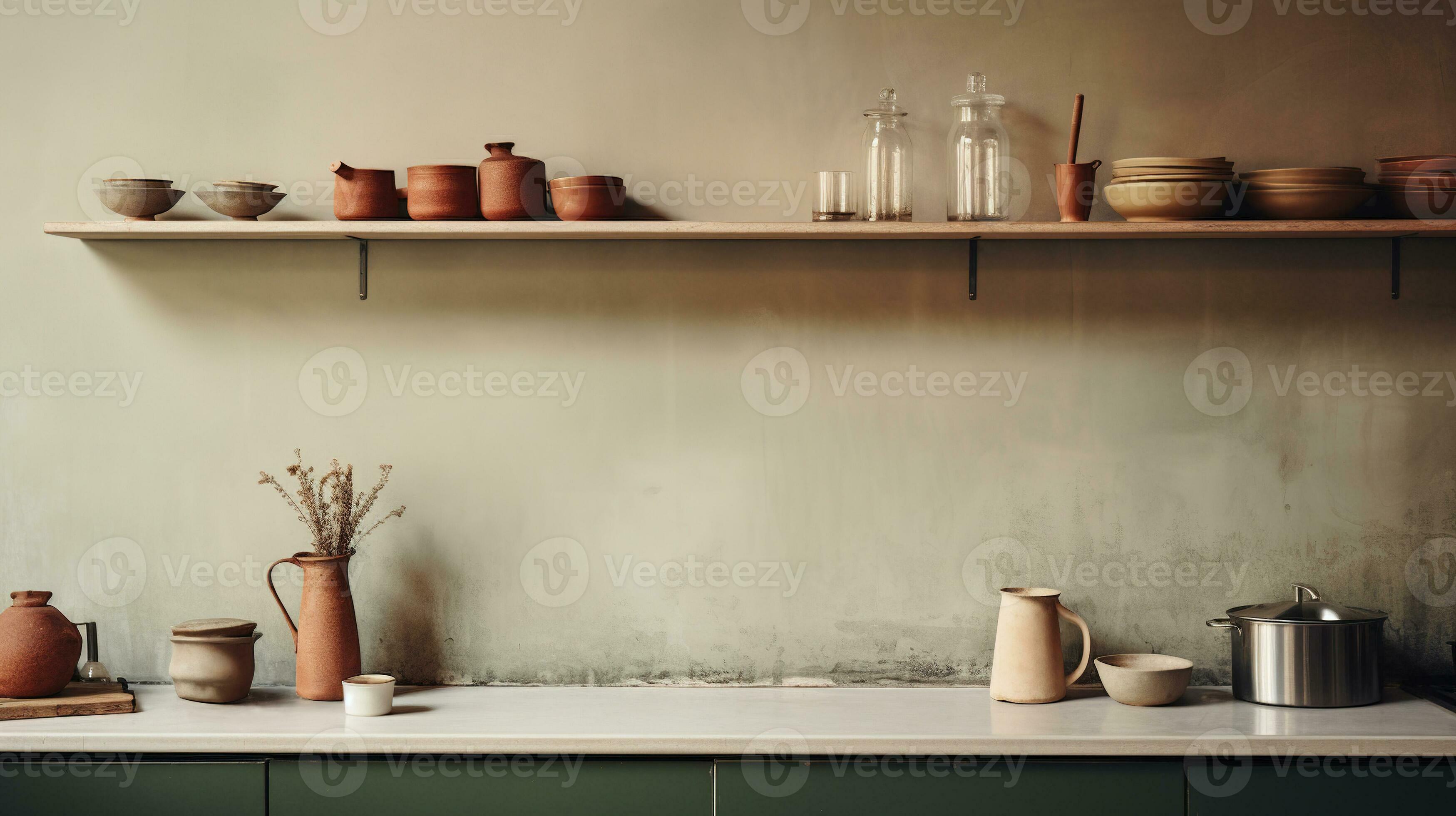 Generative AI, kitchen interior, minimalistic japanese wabi sabi style