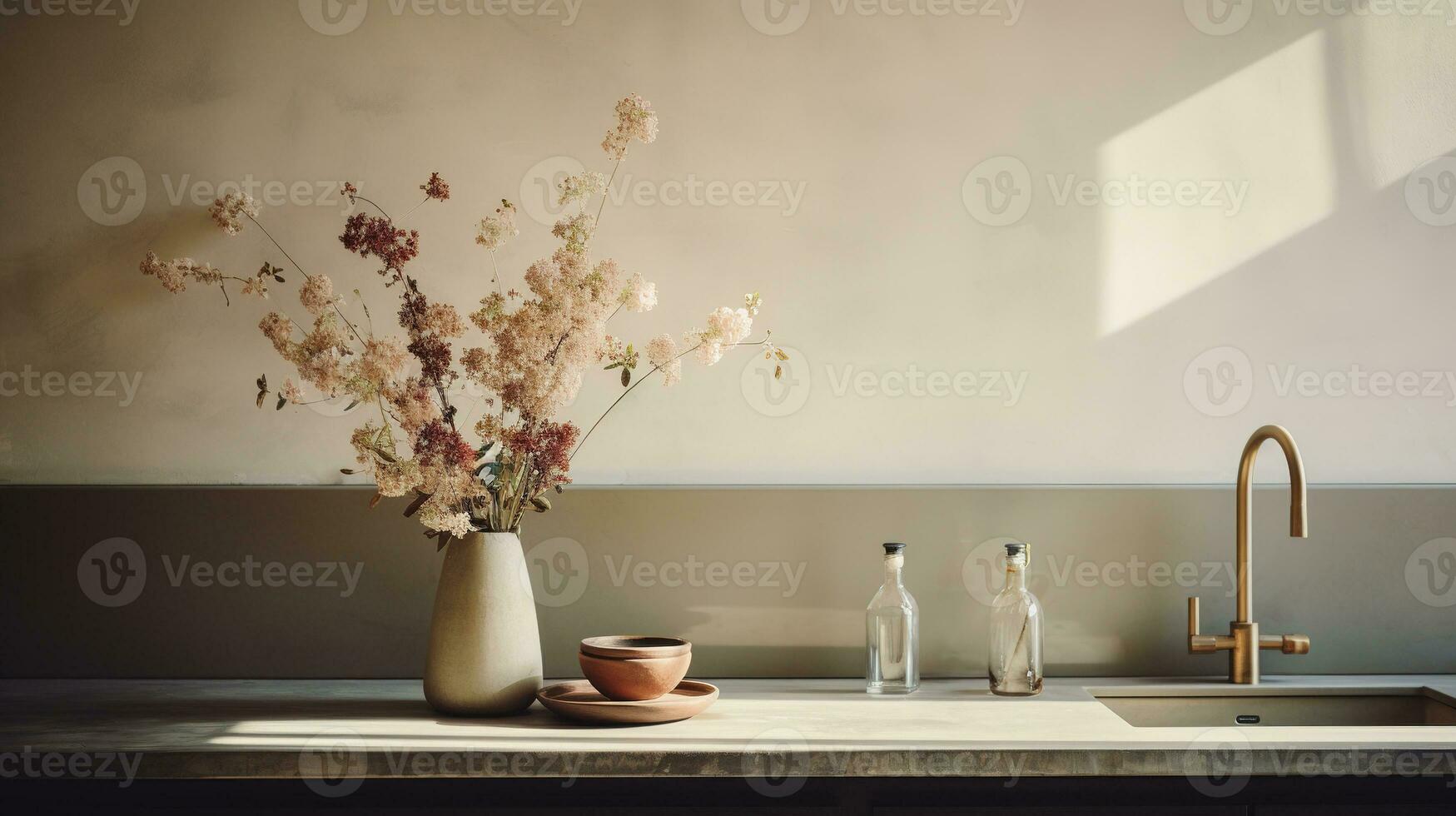Generative AI, kitchen interior, minimalistic japanese wabi sabi style