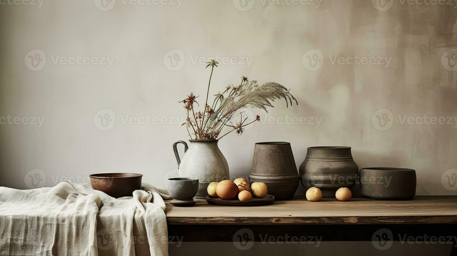 Generative AI, kitchen interior, minimalistic japanese wabi sabi style