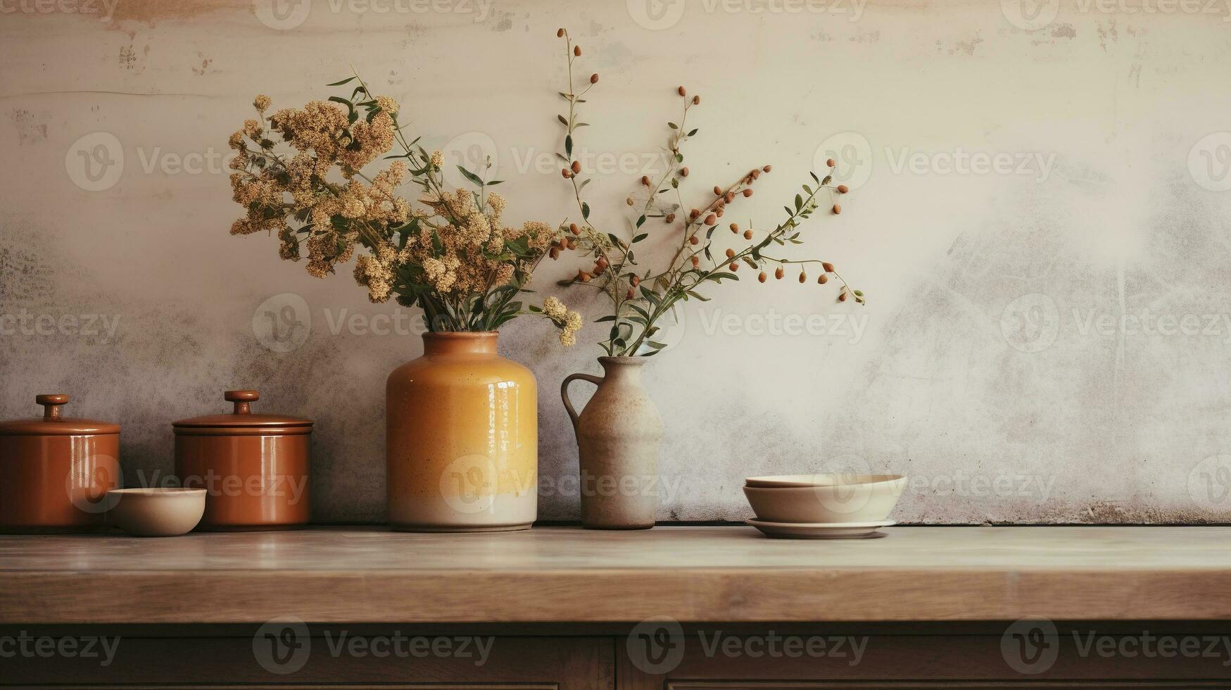 Generative AI, kitchen interior, minimalistic japanese wabi sabi style