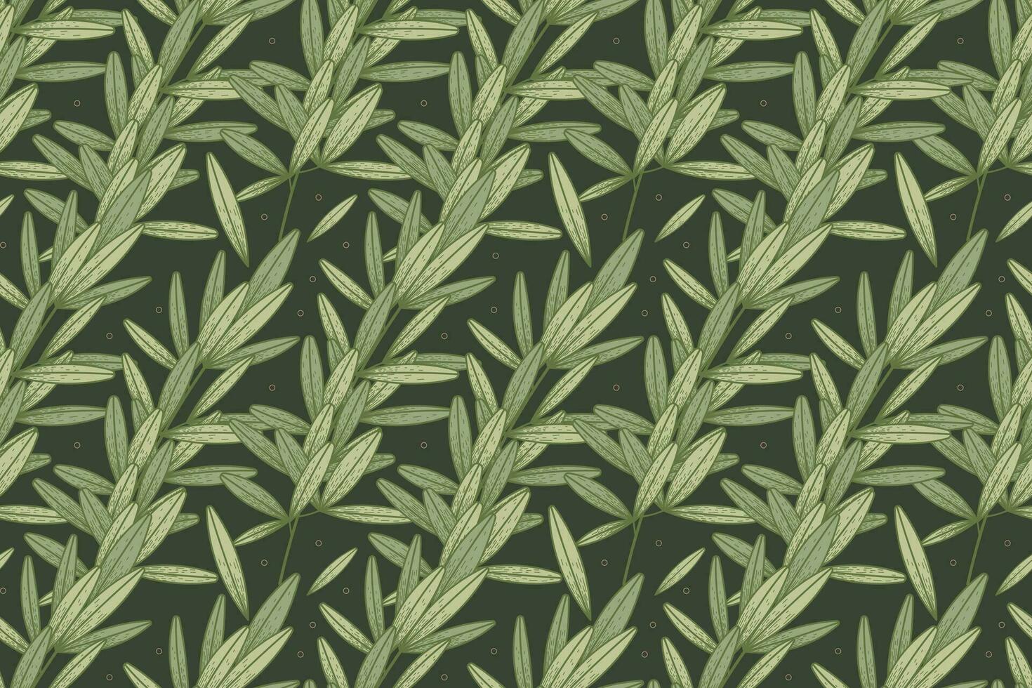 Decorative green flat branch with leaves, vector seamless natural pattern with twigs, sketch style.